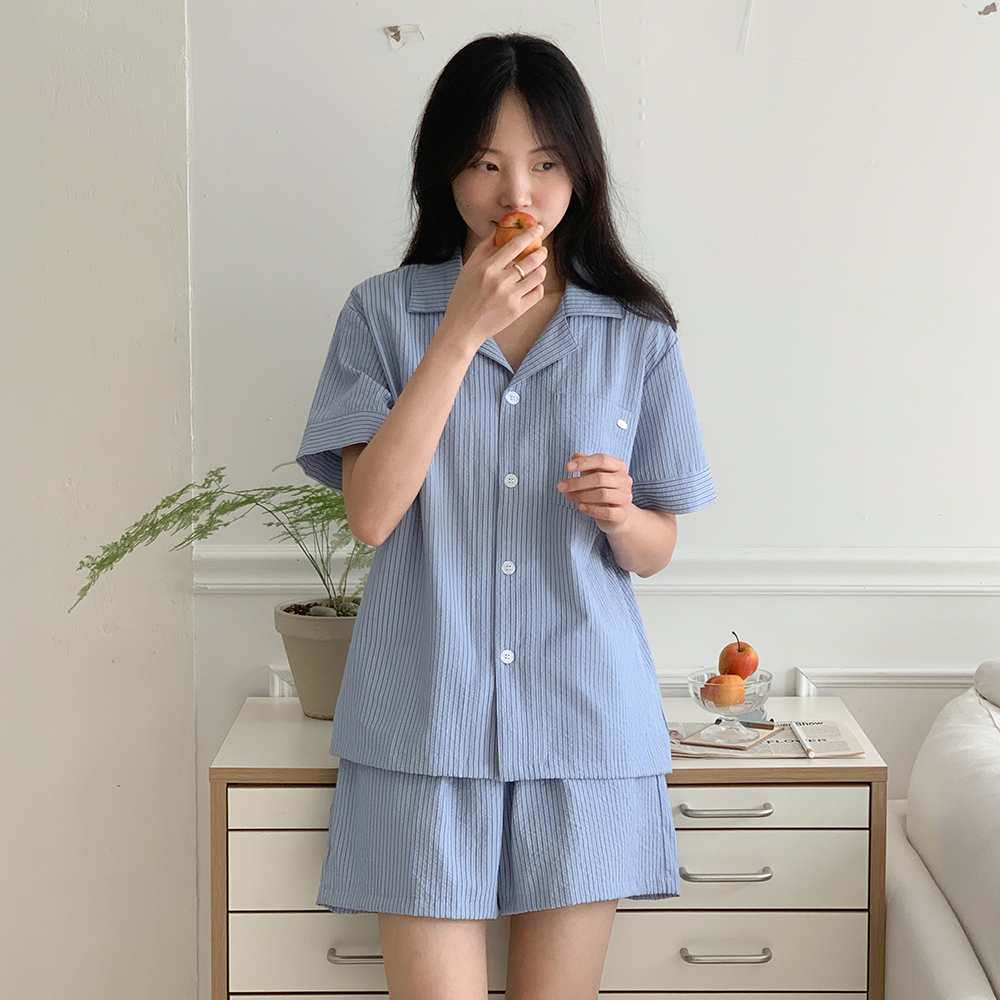 리버 시어서커 스트라이프 반팔 커플파자마 남녀공용 잠옷세트 2color - 상세 이미지 4