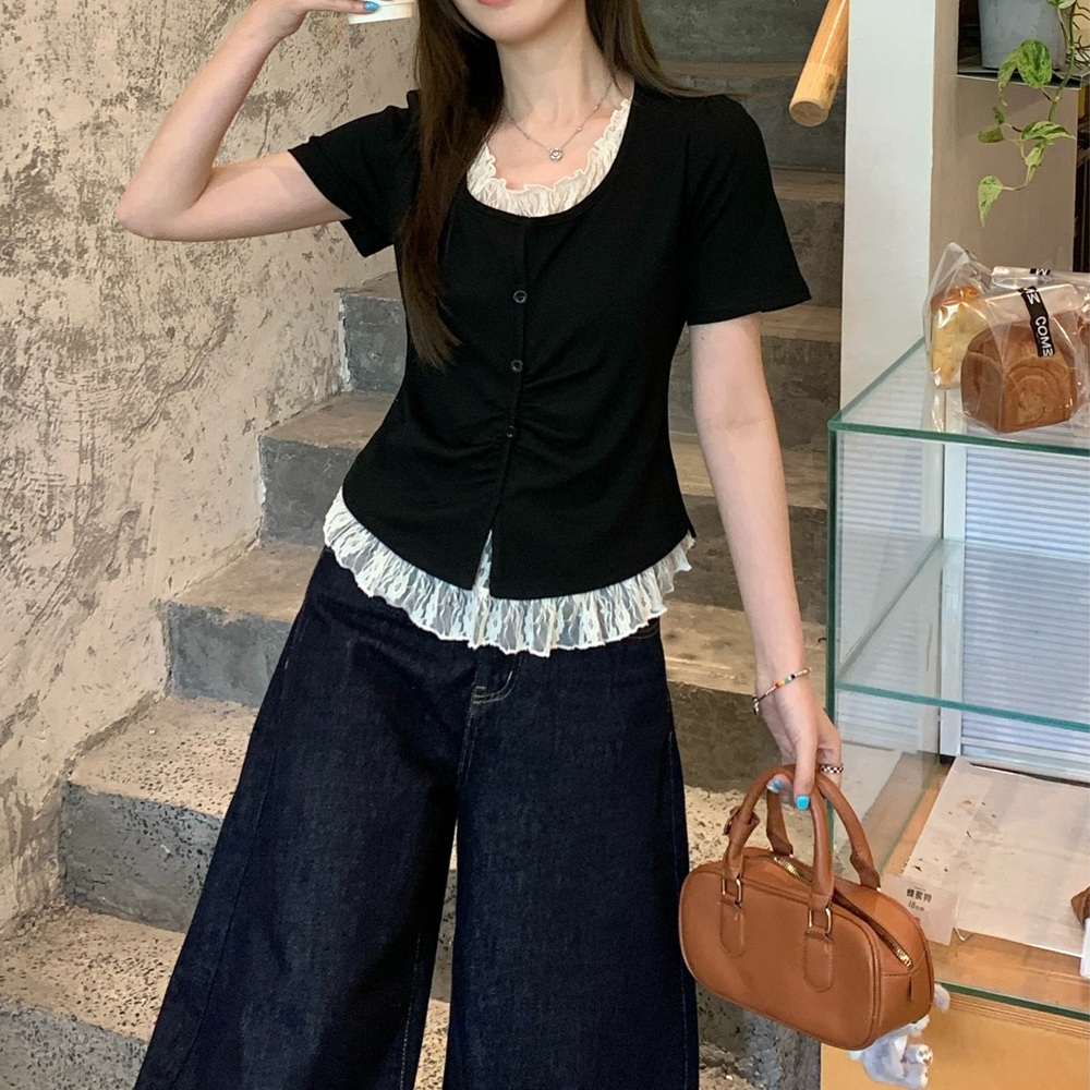 레이스 레이어드 반팔가디건 투피스같은디자인 빅사이즈 4XL까지 루즈핏 봄 여름 블랙 - 상세 이미지 5