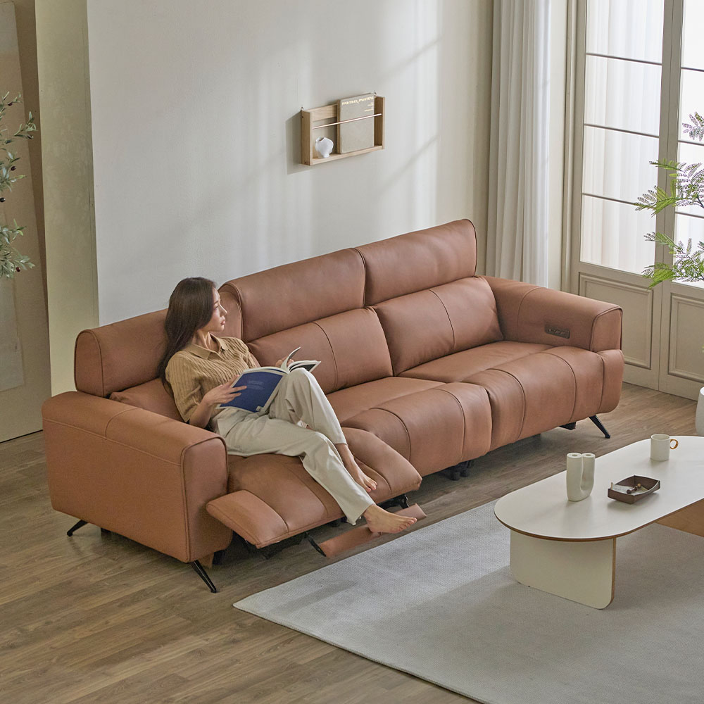 헤르짐머 오브 전동 리클라이너 천연 가죽 소파 스툴미포함, 브라운, 4인용