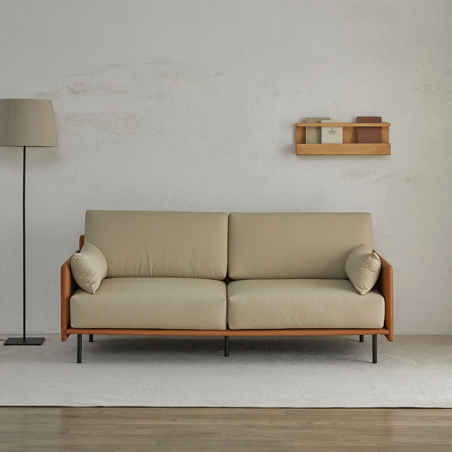 헤르짐머 폰드 모던 거실 인테리어 가죽소파 스툴미포함, 카멜베이지투톤, 3인용