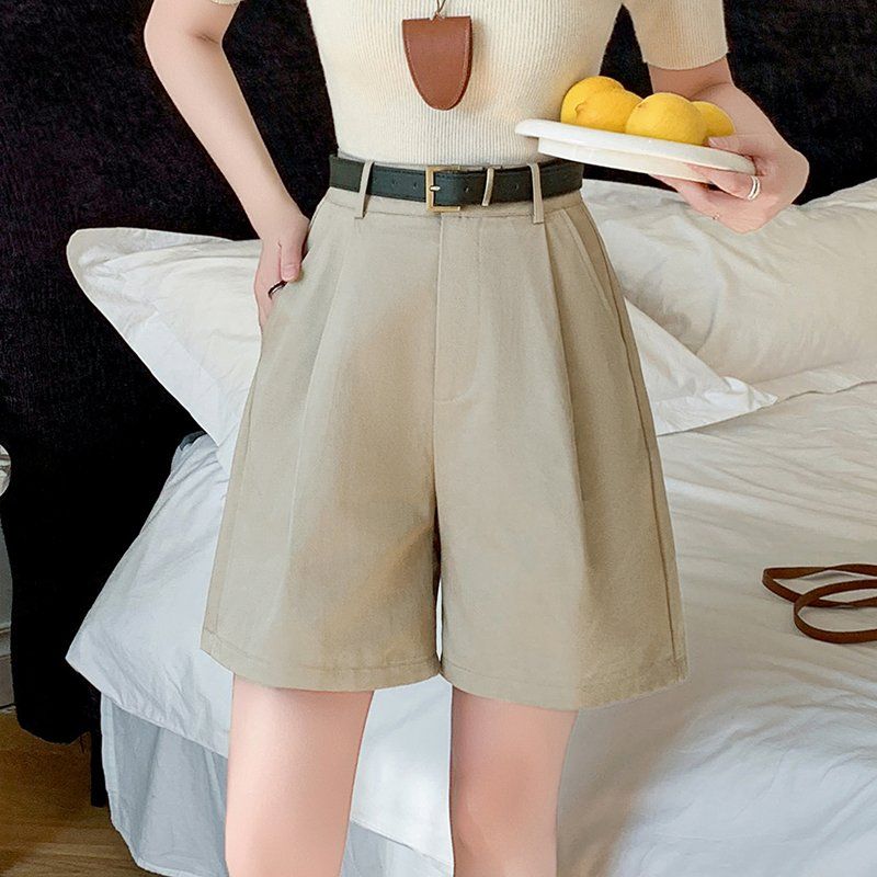 봄 여름 하이웨이스트 5부 반바지 스트레이트핏 핀턱 포켓 데일리 면바지 - 상품 이미지