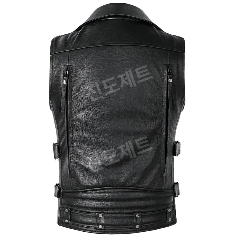 바이크 조끼 지퍼 포켓 민소매 재킷 벨트 펑키룩 블랙(소가죽) S - 상세 이미지 4