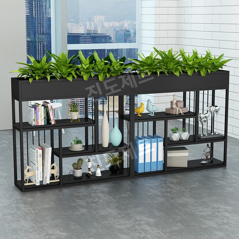 낮은 파티션 공간분리 화분 철제 선반 칸막이 사무실 80x29x110 블랙+라이트월넛 - 상품 이미지