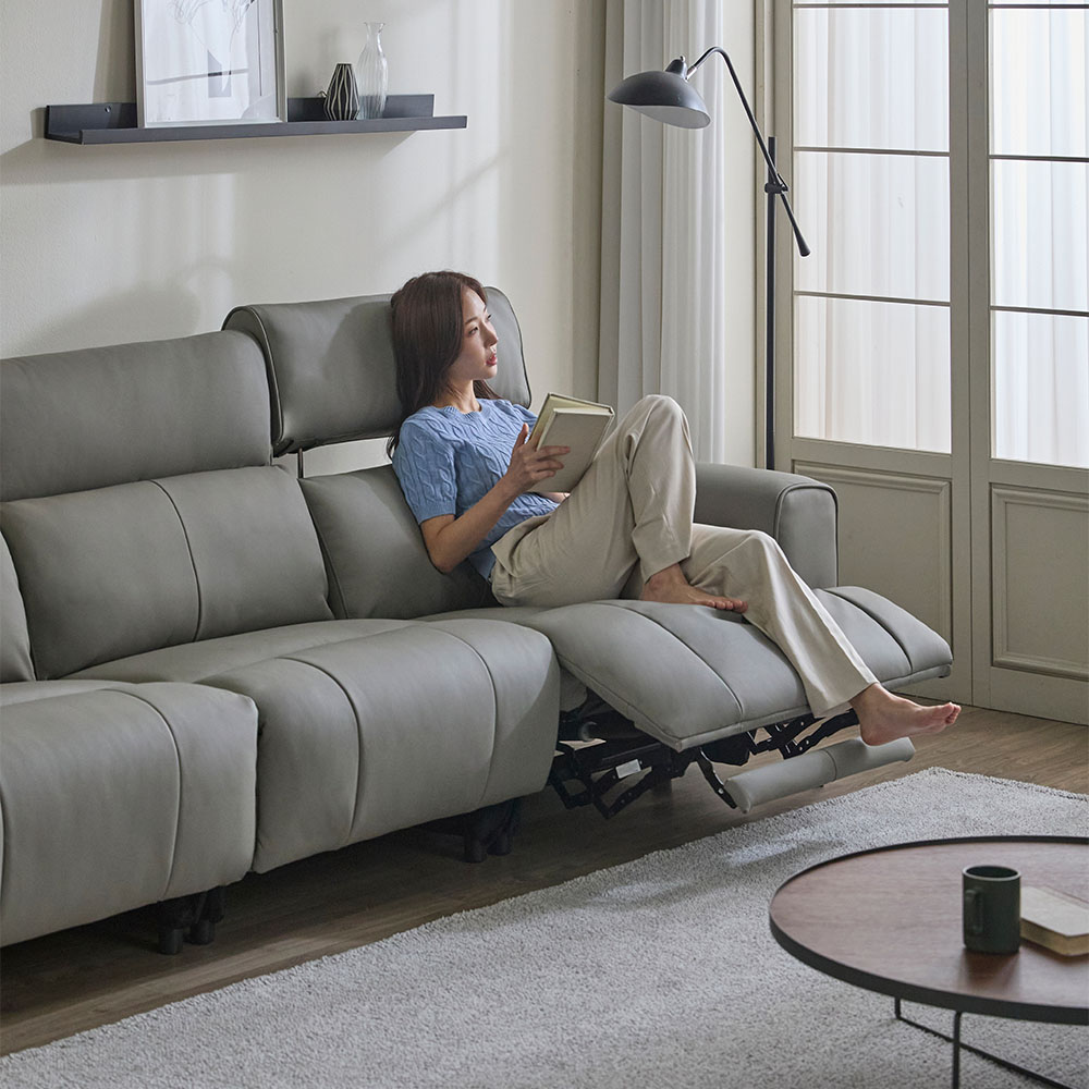 헤르짐머 오브 전동 리클라이너 천연 가죽 소파 스툴미포함, 그레이, 6인용