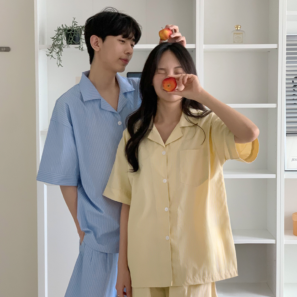[파우치증정] 멜팅 스트라이프 반팔 커플파자마 남녀공용 잠옷세트 2color - 상세 이미지 4