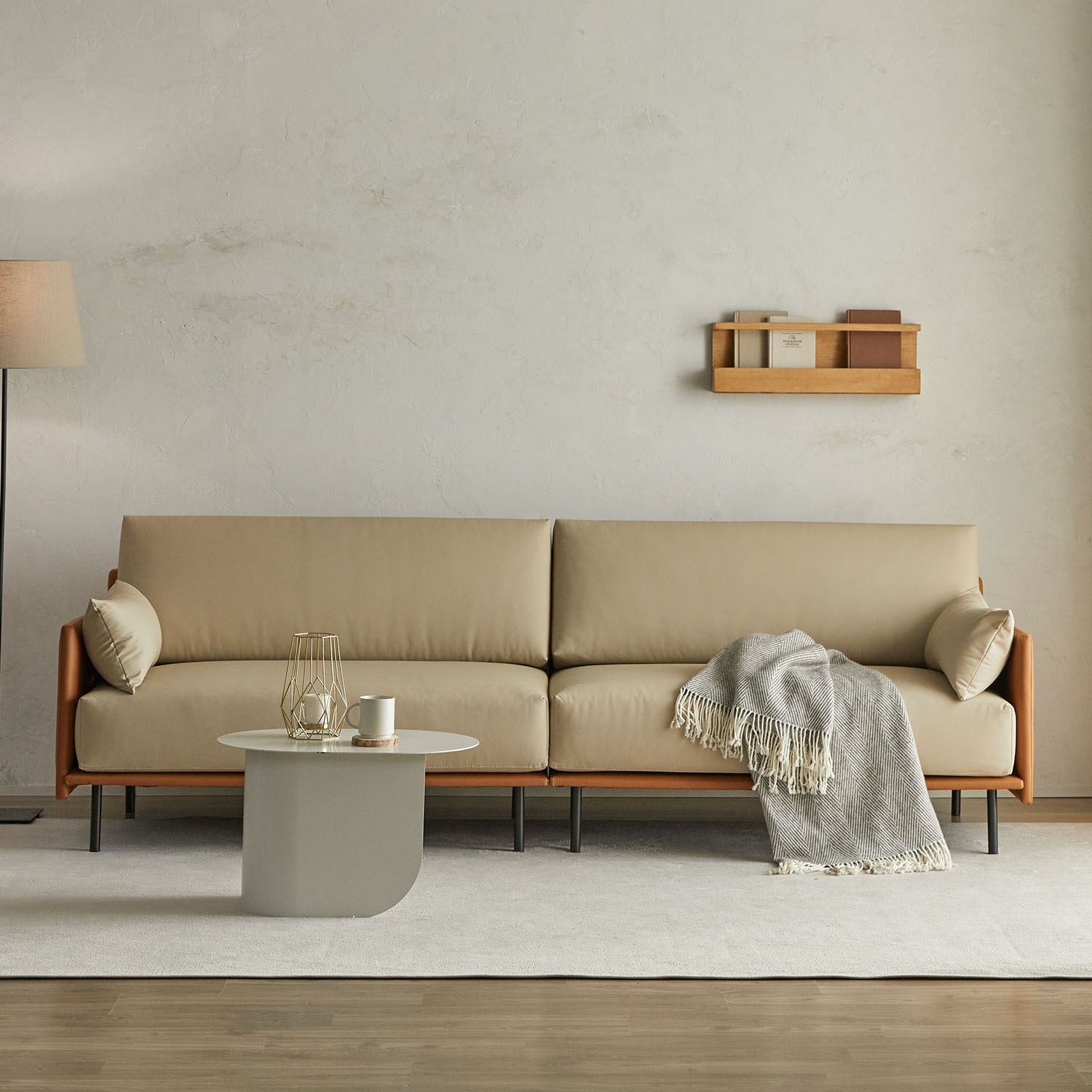 헤르짐머 폰드 모던 거실 인테리어 가죽소파 스툴미포함, 카멜베이지투톤, 4인용