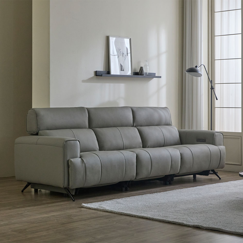 헤르짐머 오브 전동 리클라이너 천연 가죽 소파 스툴미포함, 그레이, 4인용