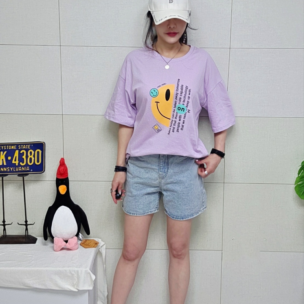 (국산면원단/국내자체생산) T1059 남녀공용 온스마일 오버핏 반팔 티셔츠 30대40대여성의류 - 상세 이미지 4