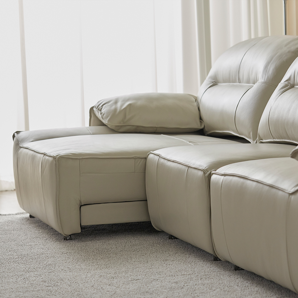 헤르짐머 르엔느 전동 리클라이너 슬라이딩 천연 가죽 소파 스툴미포함, 웜그레이, 4인용