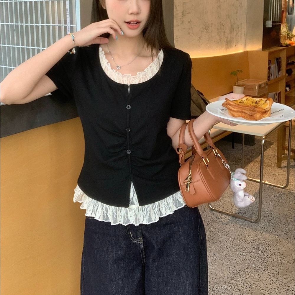 레이스 레이어드 반팔가디건 투피스같은디자인 빅사이즈 4XL까지 루즈핏 봄 여름 블랙 - 상세 이미지 2