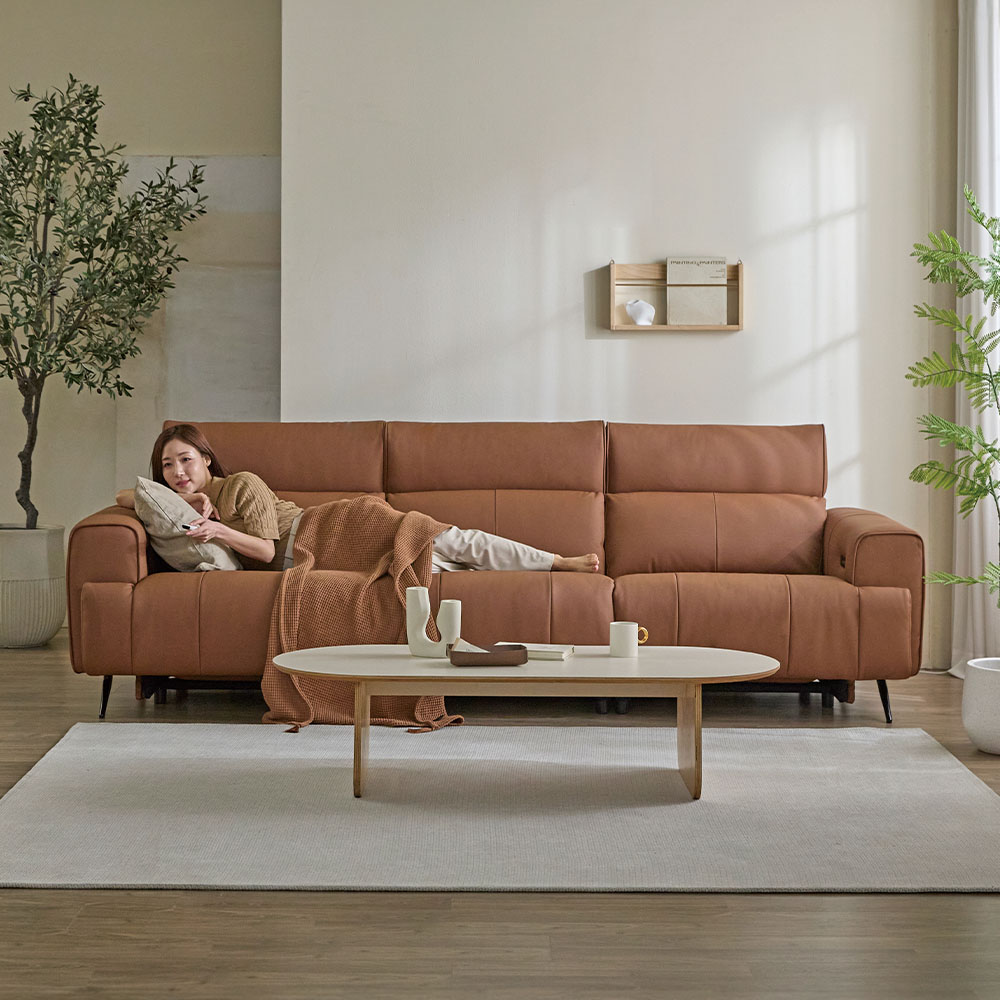 헤르짐머 오브 전동 리클라이너 천연 가죽 소파 스툴미포함, 브라운, 4인용