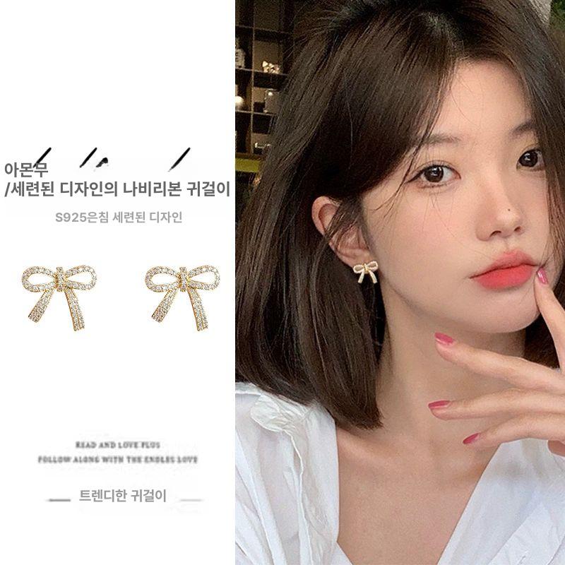 리본 큐빅 귀걸이 포인트 블링 이어링 악세사리 리본귀걸이 - 상세 이미지 2