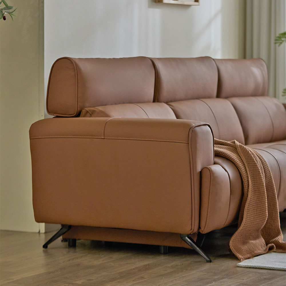 헤르짐머 오브 전동 리클라이너 천연 가죽 소파 스툴미포함, 브라운, 4인용