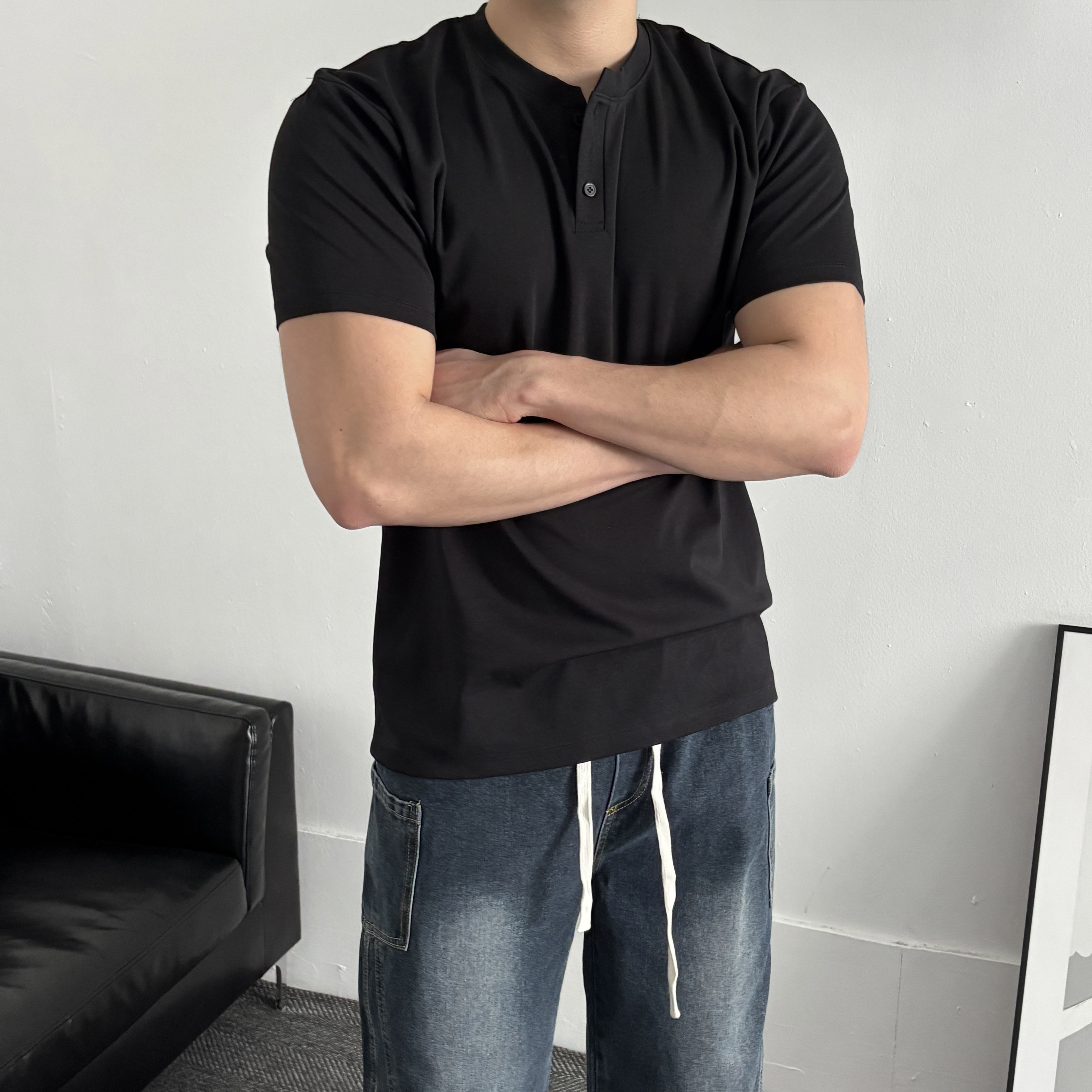 머슬핏 남자헨리넥 남자반팔 - 상품 이미지