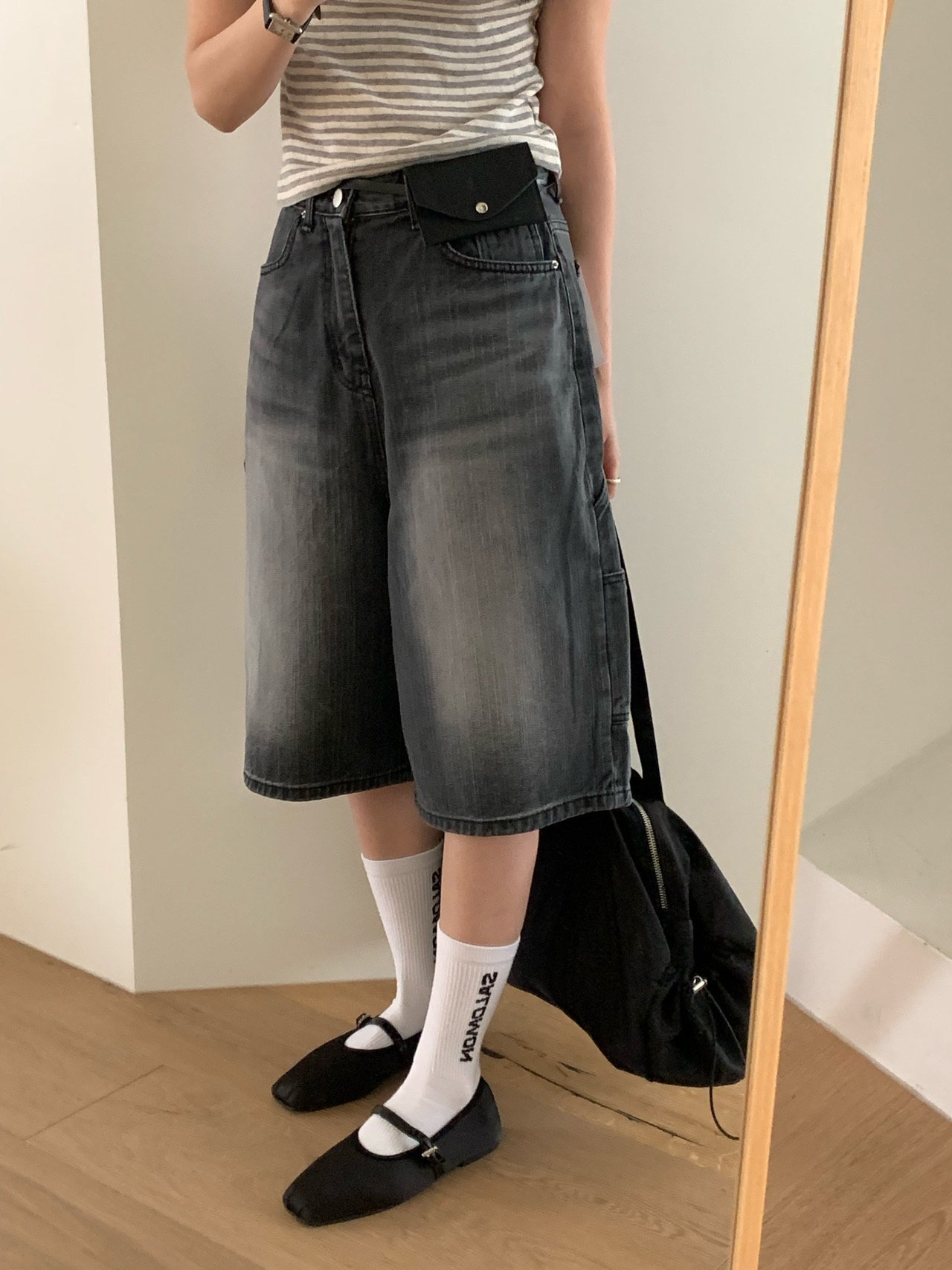 오버무드 여름 카펜터 흑청 중청 데님 청 와이드 5부 7부 버뮤다 데님 팬츠 2color - 상세 이미지 3