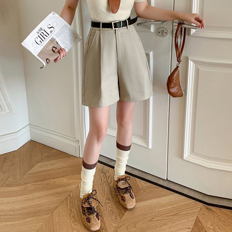 봄 여름 하이웨이스트 5부 반바지 스트레이트핏 핀턱 포켓 데일리 면바지 - 상세 이미지 3