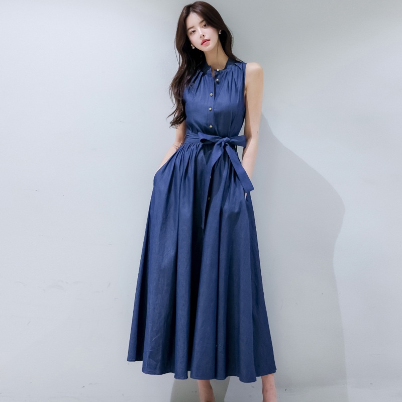 여름 데님스타일 슬리브리스 플레어 롱셔츠 원피스 네이비 블루 FREE - 상세 이미지 5