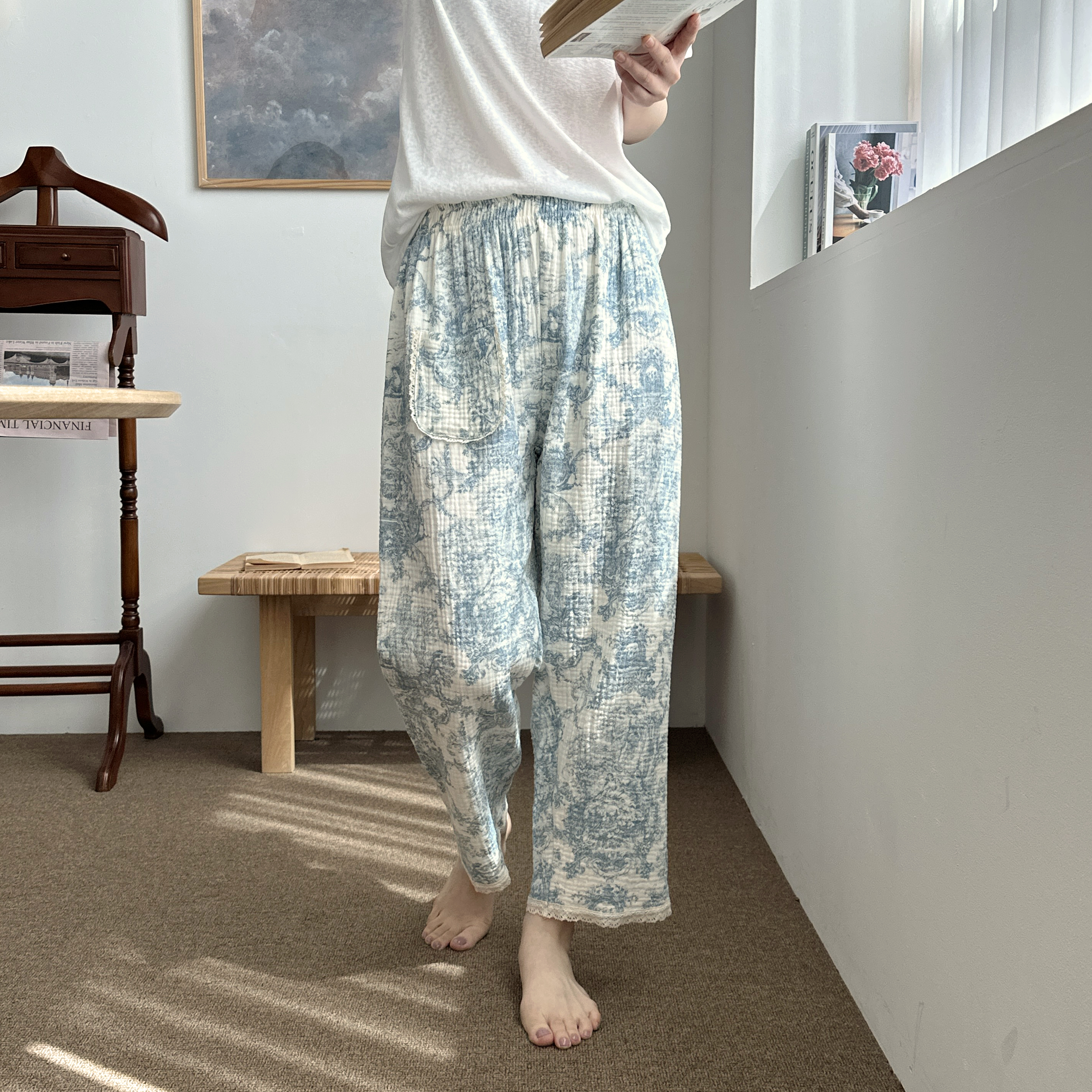 국산 면100잠옷 요루면 순면파자마바지 3중거즈 뜨왈 잠옷 이미지 7