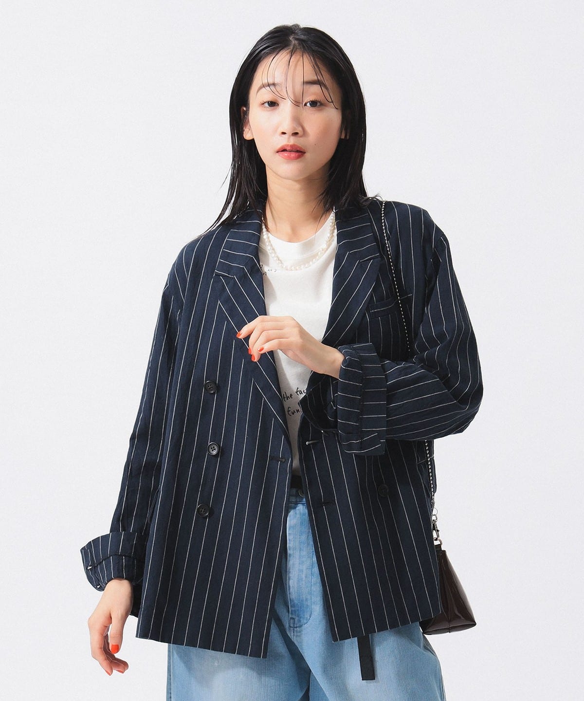 빔즈 보이 스트라이프 더블 재킷 네이비