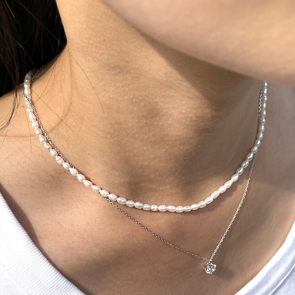 14K 2mm 밥풀 담수 진주 초커 목걸이 레이어드 데일리 - 상품 이미지