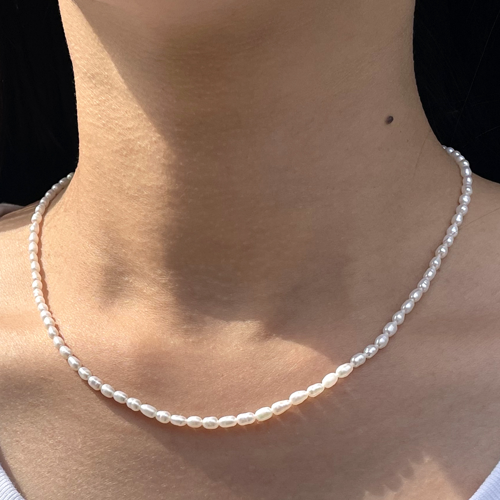 14K 2mm 밥풀 담수 진주 초커 목걸이 레이어드 데일리 - 상세 이미지 4