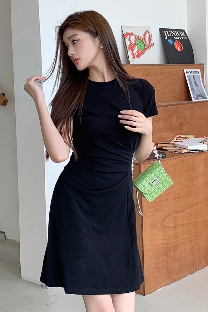 여름 여성 셔링 슬림핏 반팔 미니 원피스 블랙 S 이미지 6