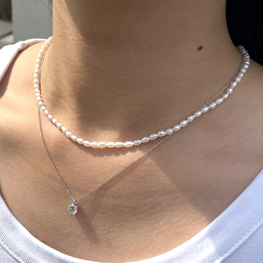 14K 2mm 밥풀 담수 진주 초커 목걸이 레이어드 데일리 - 상세 이미지 2