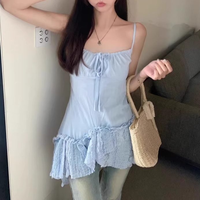 사선 뷔스티에 나시블라우스원피스 리본 힙한 느좋 여자연예인 패션 코디 레이어드 화이트 블루 - 상세 이미지 2