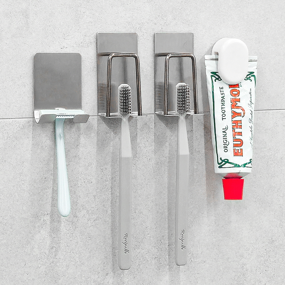 [단독] 무타공마켓 스텐 칫솔꽂이 2인 세트 치약 면도기 칫솔거치대