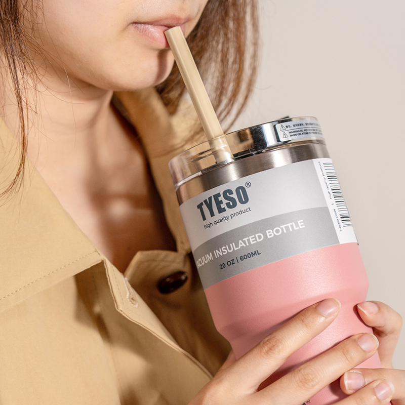 TYESO 대용량 텀블러 빨대 스텐텀블러 보냉 보온 텀블러 손잡이 고품질 600ml, 퍼플 이미지 6