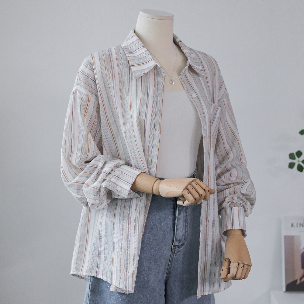 카딜로 주름지 거즈면 스트라이프 루즈핏 여름 긴팔 스트라이프 셔츠 - 상세 이미지 2