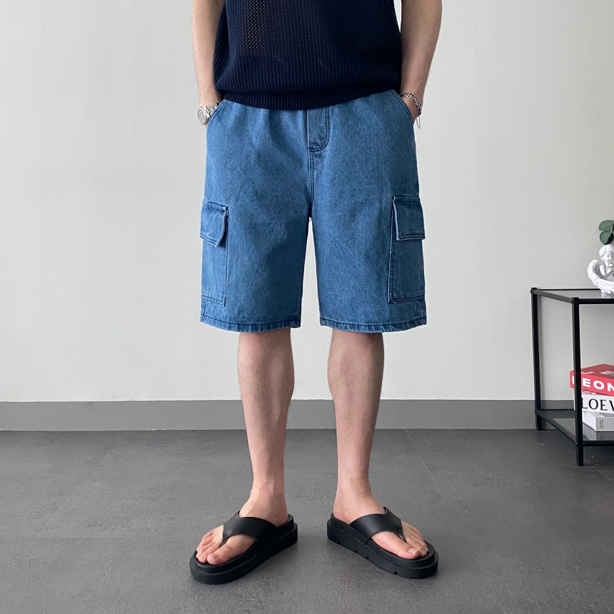 1+1 남자밴딩청반바지 와이드 남성버뮤다데님팬츠 카고청반바지 - 상세 이미지 2