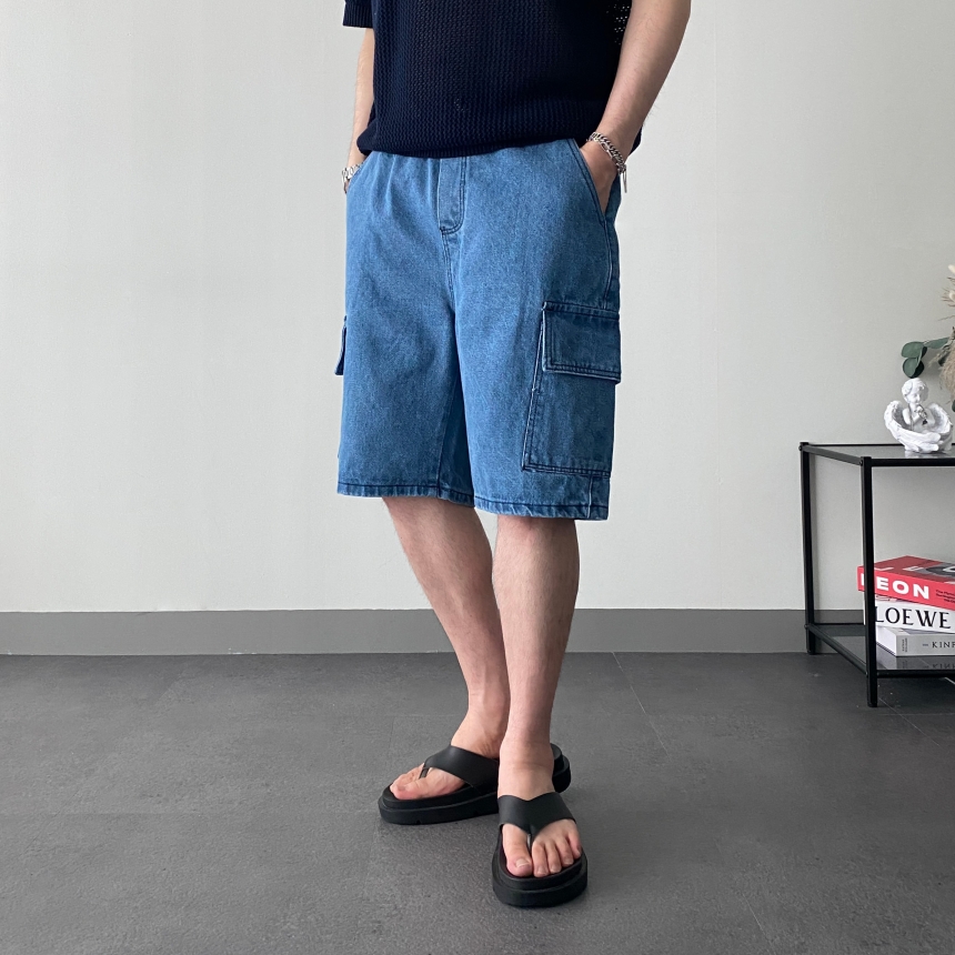 1+1 남자밴딩청반바지 와이드 남성버뮤다데님팬츠 카고청반바지 - 상세 이미지 3