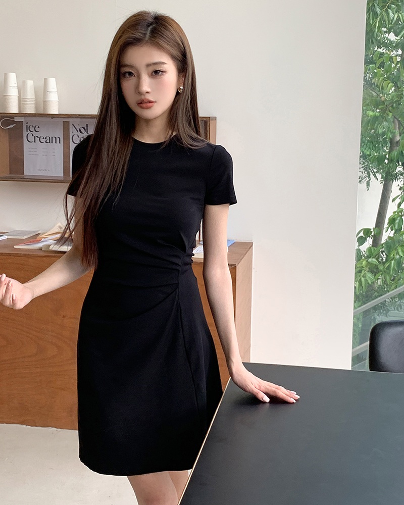 여름 여성 셔링 슬림핏 반팔 미니 원피스 블랙 S - 상세 이미지 4