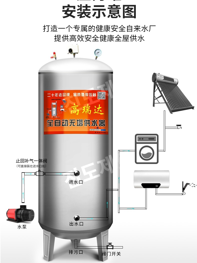 수직 물탱 크 팽창 압력 급수 타워 물저장 물통 옥상 지붕 250L 2.0t 50x135 SUS304 특 1개 - 상세 이미지 5