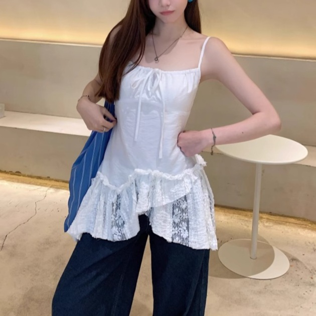 사선 뷔스티에 나시블라우스원피스 리본 힙한 느좋 여자연예인 패션 코디 레이어드 화이트 블루 - 상세 이미지 4