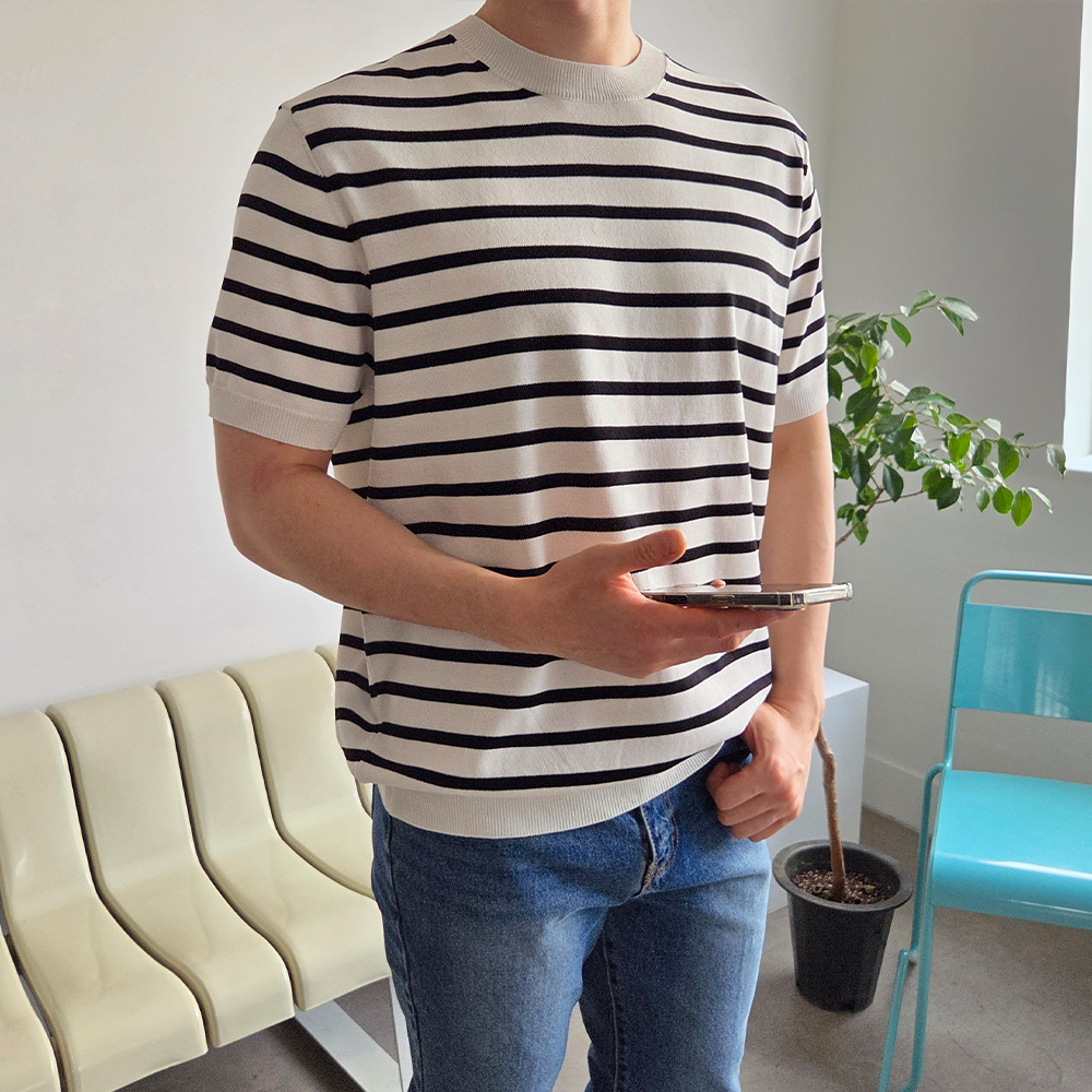 남자 시원한 아이스 여름 라운드 스트라이프 반팔 니트 6컬러 D016 - 상세 이미지 2
