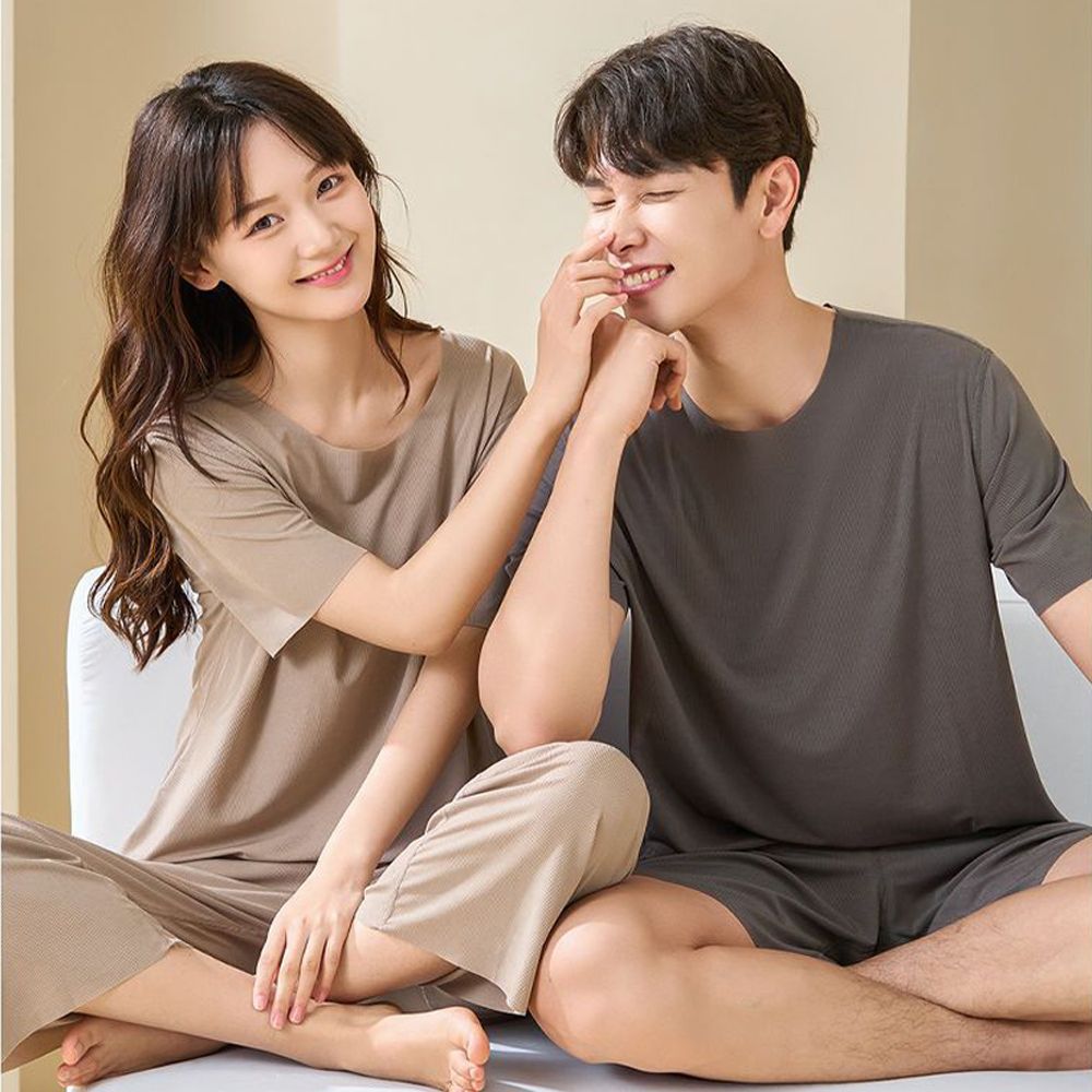 커플 여름 잠옷 빅사이즈 반팔 홈웨어 실내복 잠옷 세트 - 상세 이미지 2