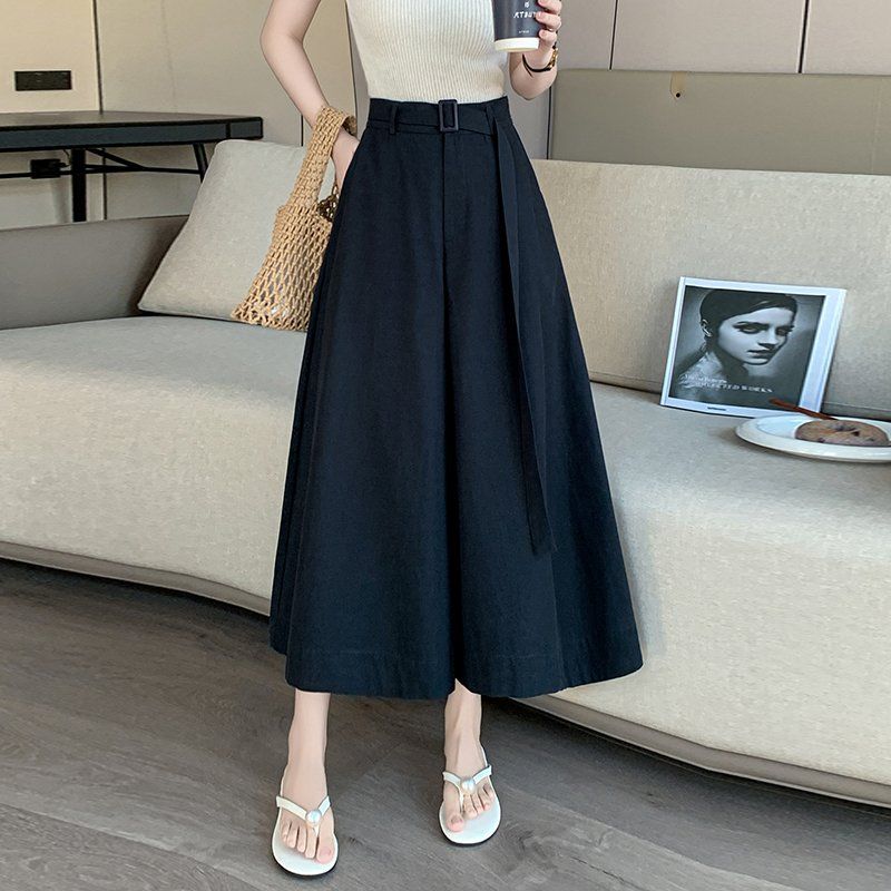 봄 여름 하이웨이스트 7부 와이드팬츠 루즈핏 포켓 플레어 치마바지 큐롯 - 상세 이미지 3