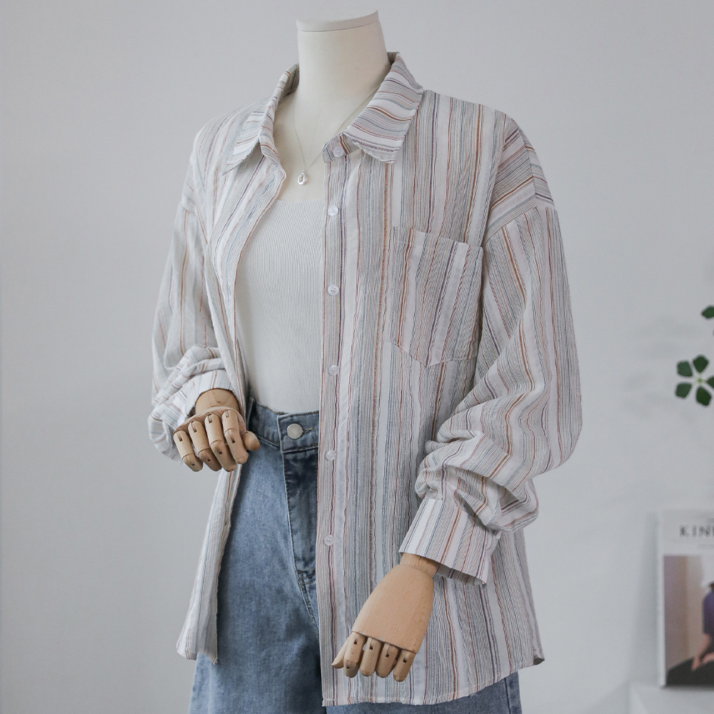 카딜로 주름지 거즈면 스트라이프 루즈핏 여름 긴팔 스트라이프 셔츠 - 상세 이미지 3