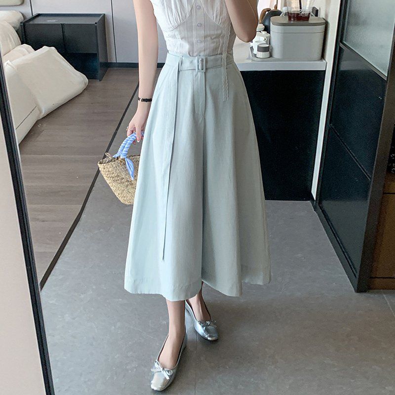 봄 여름 하이웨이스트 7부 와이드팬츠 루즈핏 포켓 플레어 치마바지 큐롯 - 상세 이미지 4