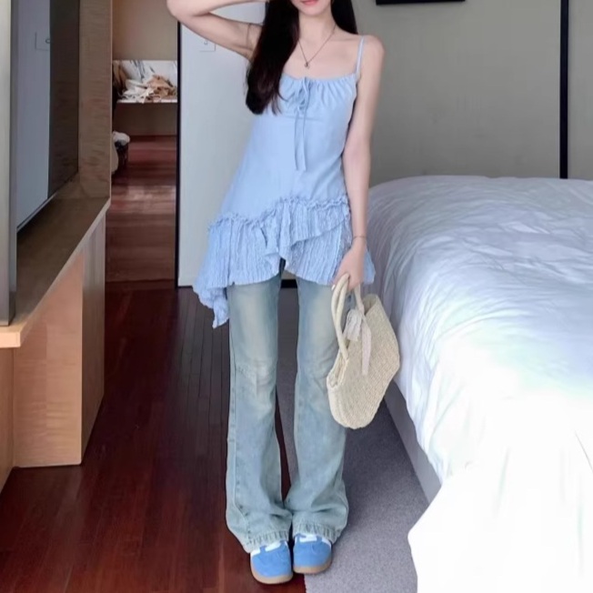 사선 뷔스티에 나시블라우스원피스 리본 힙한 느좋 여자연예인 패션 코디 레이어드 화이트 블루 - 상세 이미지 3