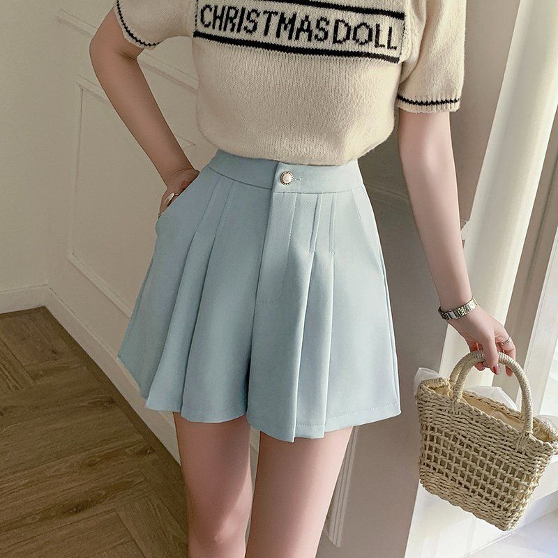 봄 여름 하이웨이스트 플리츠 치마바지 A라인 포켓 와이드 데일리 큐롯팬츠