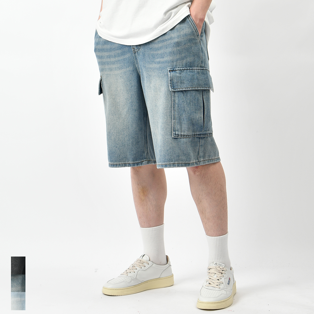 남자 청반바지 버뮤다청바지 카고 와이드 워싱 흑청 중청 연청 밴딩 6부팬츠