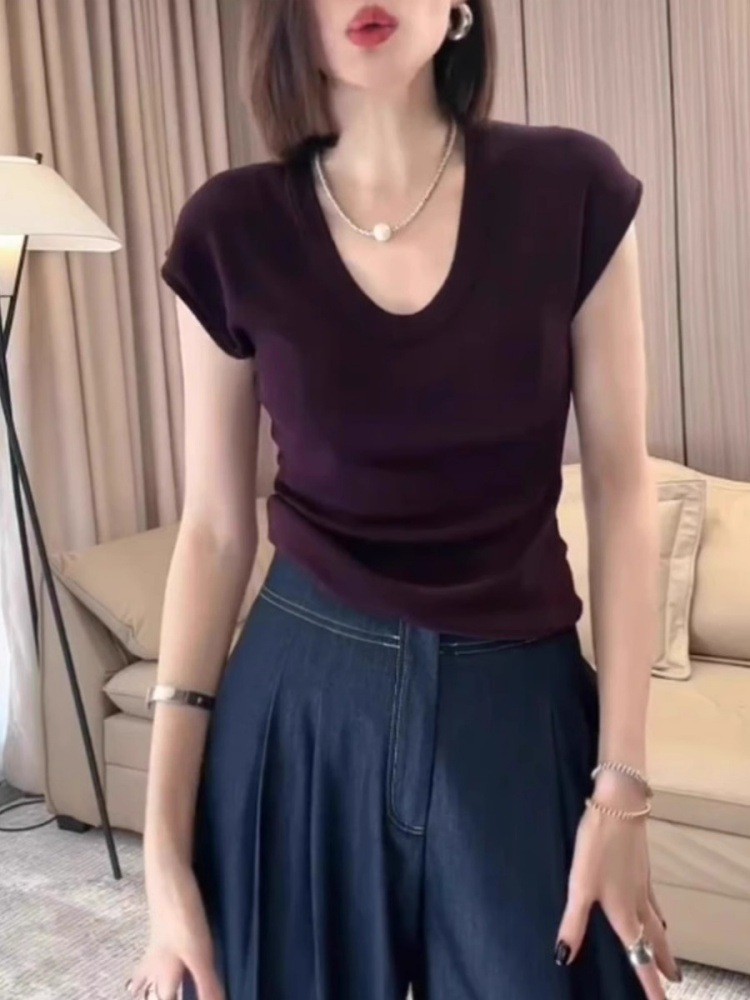 브이넥 살짝파인 캡소매반팔티셔츠 슬림핏 자켓이너 날씬해보이는 성숙미 올드머니룩 4컬러 - 상세 이미지 3