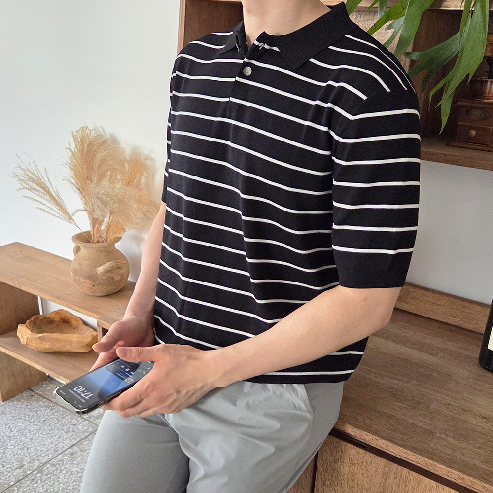 남자반팔니트 시원한 아이스 여름 카라넥 카라티 스트라이프 5컬러 D017 - 상세 이미지 5