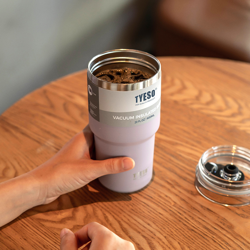 TYESO 대용량 텀블러 빨대 스텐텀블러 보냉 보온 텀블러 손잡이 고품질 600ml, 퍼플 이미지 7