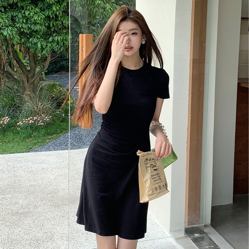 여름 여성 셔링 슬림핏 반팔 미니 원피스 블랙 S - 상세 이미지 3