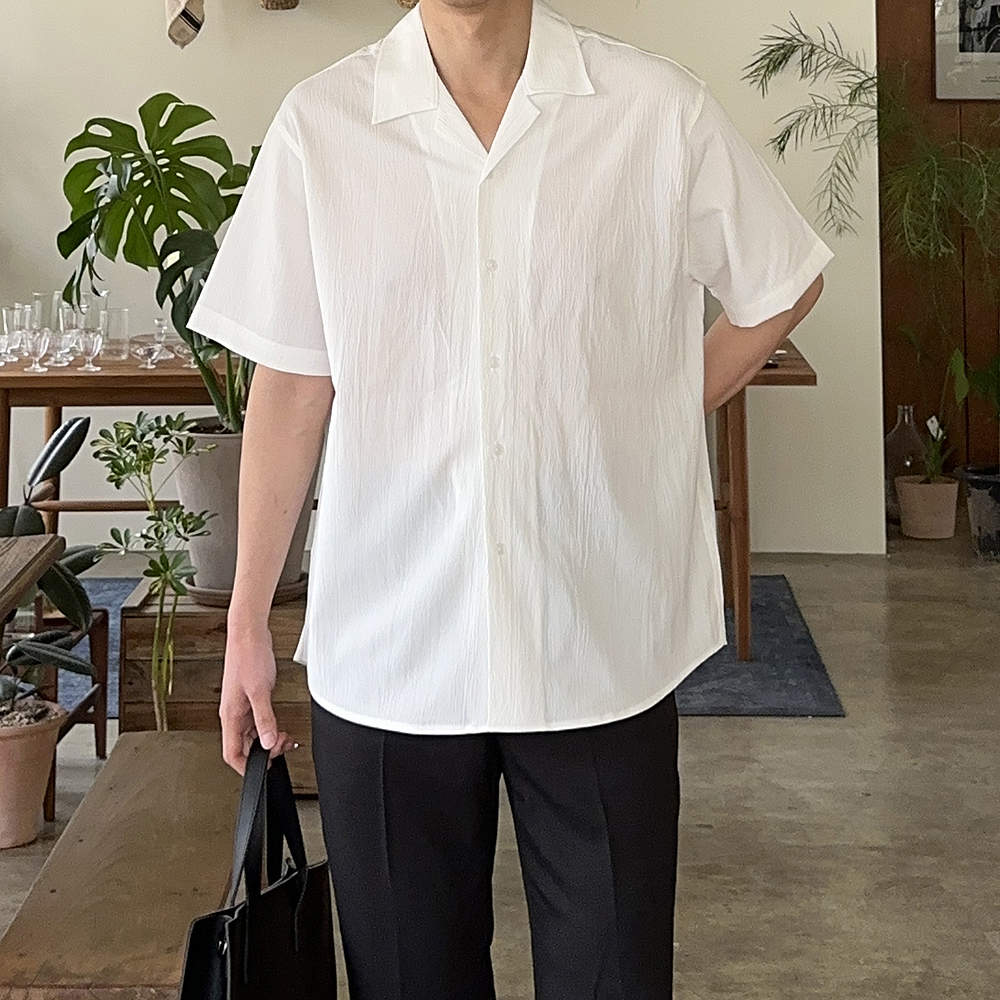 남자 셔츠 오버핏 오픈카라 여름 남방 남자 반팔셔츠 - 메인 이미지