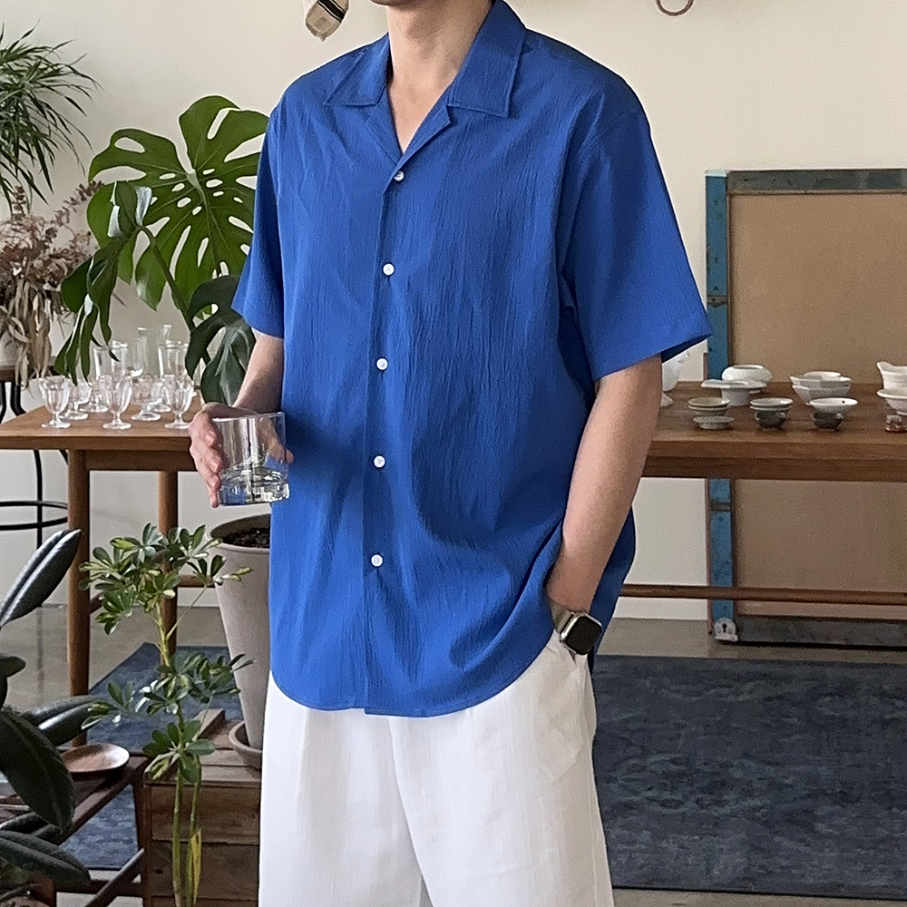 남자 셔츠 오버핏 오픈카라 여름 남방 남자 반팔셔츠 - 상세 이미지 4